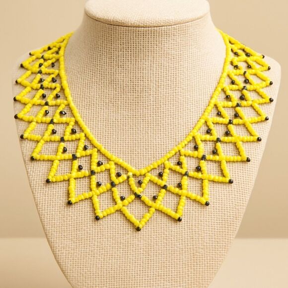 Vintage Yellow Handmade Seed Bead Tribal Bib Collar Choker Necklace - Picture 1 of 3